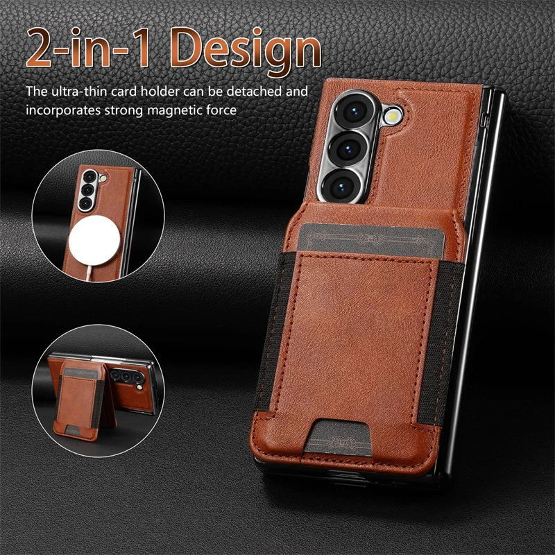 Detachable Magnetic Card Bag PU Leather Phone Case for Samsung Galaxy Z Fold 7 / 6 / 5 / 4 / 3