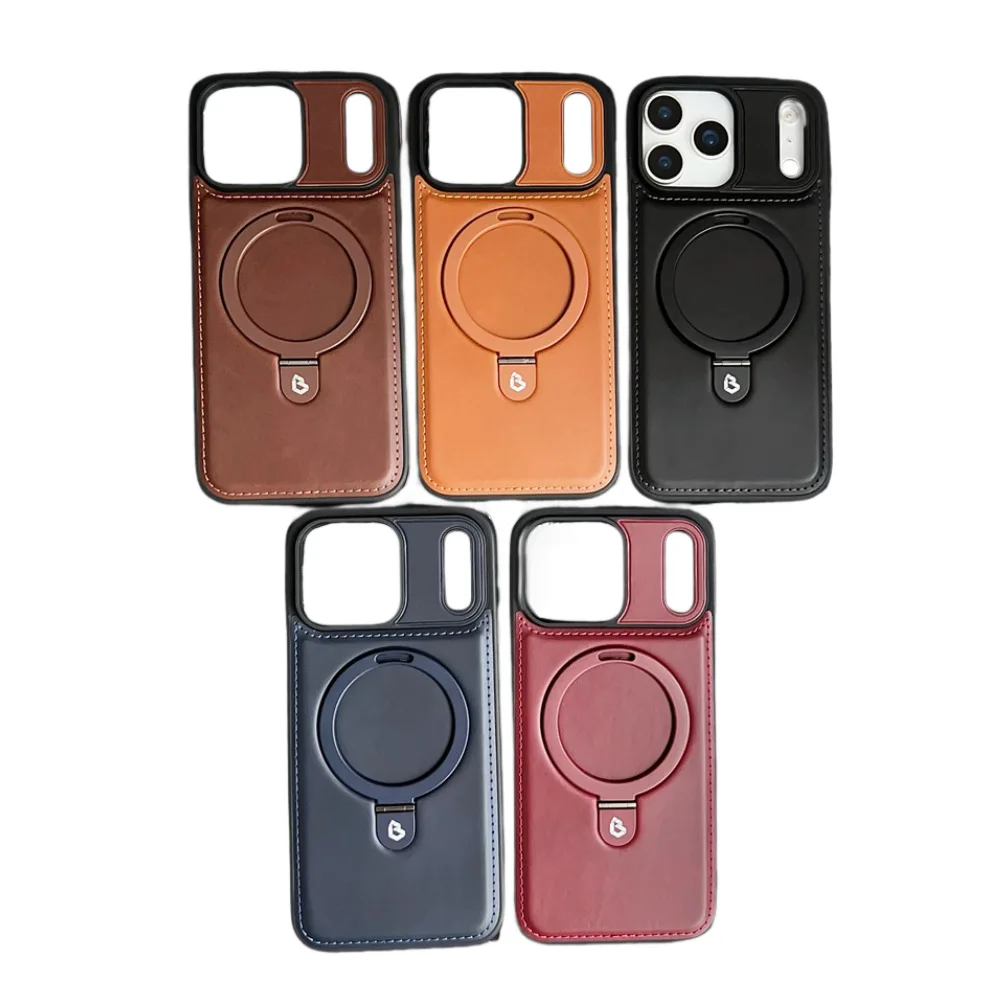 Luxury PU Leather Magnetic Ring Kickstand Case for iPhone 17 Pro Max, 17 Air, 16, 15