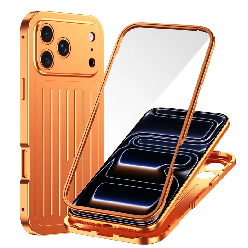 360° Metal Back Panel Phone Case for iPhone 17 / 16 / 15 / 14 Pro Max – Tempered Glass HD Screen