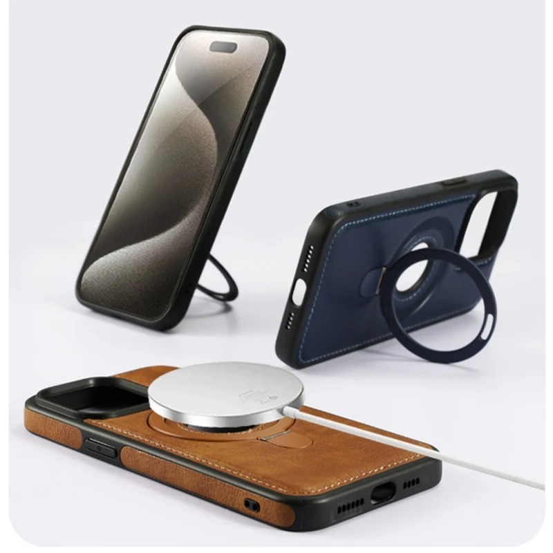 Luxury Cortex Leather MagSafe iPhone Case with Built-In Stand – Magnetic Holder Cover for iPhone 13/14/15/16 Pro Max, Plus & 17 Air
