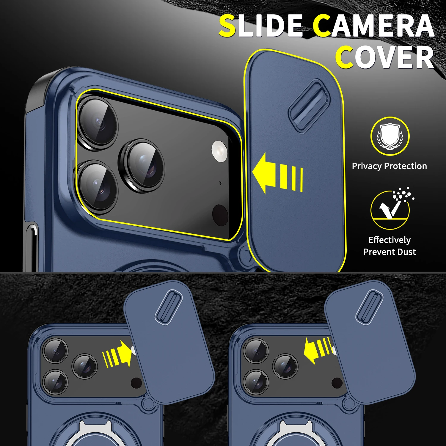 iPhone 14 15 16 17 Pro Max Heavy Duty Shockproof Case with Ring Stand & Slide Camera Lens