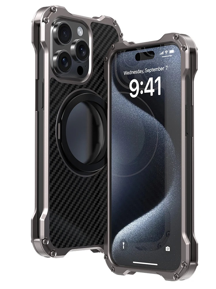 R-Just Metal Carbon Fiber iPhone Case with Ring Holder - 17/16/15/14/13 Pro Max