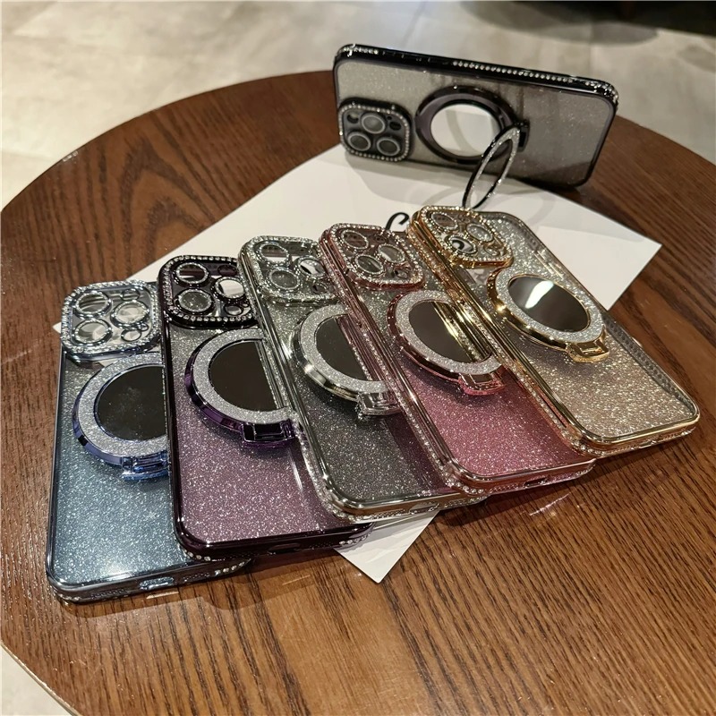 Luxury Flash Mirror iPhone Case with Diamond Frame & Kickstand – Compatible with iPhone 11/12/13/14/15/16 Pro Max, Plus & Air Models