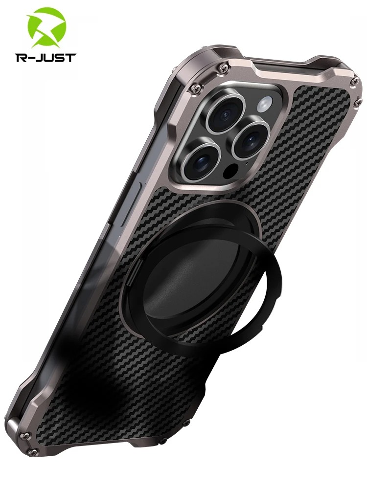 R-Just Metal Carbon Fiber iPhone Case with Ring Holder - 17/16/15/14/13 Pro Max