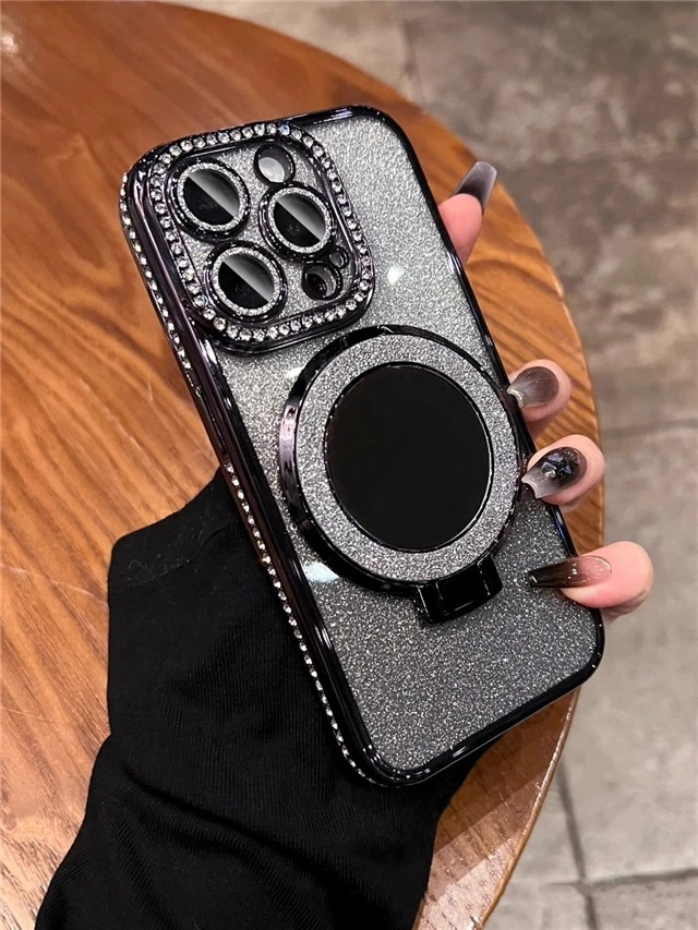 Luxury Flash Mirror iPhone Case with Diamond Frame & Kickstand – Compatible with iPhone 11/12/13/14/15/16 Pro Max, Plus & Air Models