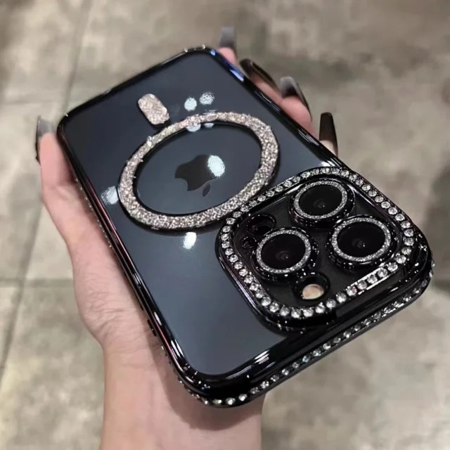 Luxury Plated MagSafe iPhone Case with Diamond Frame – Magnetic Protective Cover for iPhone 13/14/15/16 Pro Max, Plus & 17 Air