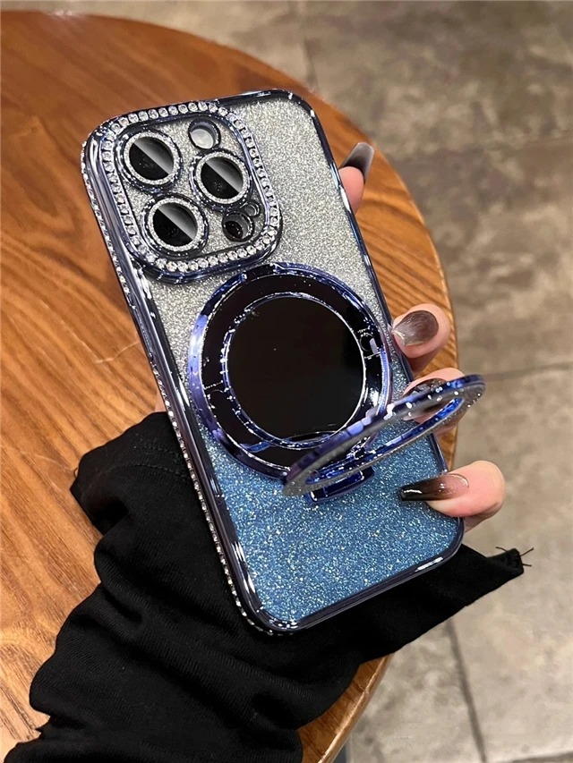 Luxury Flash Mirror iPhone Case with Diamond Frame & Kickstand – Compatible with iPhone 11/12/13/14/15/16 Pro Max, Plus & Air Models