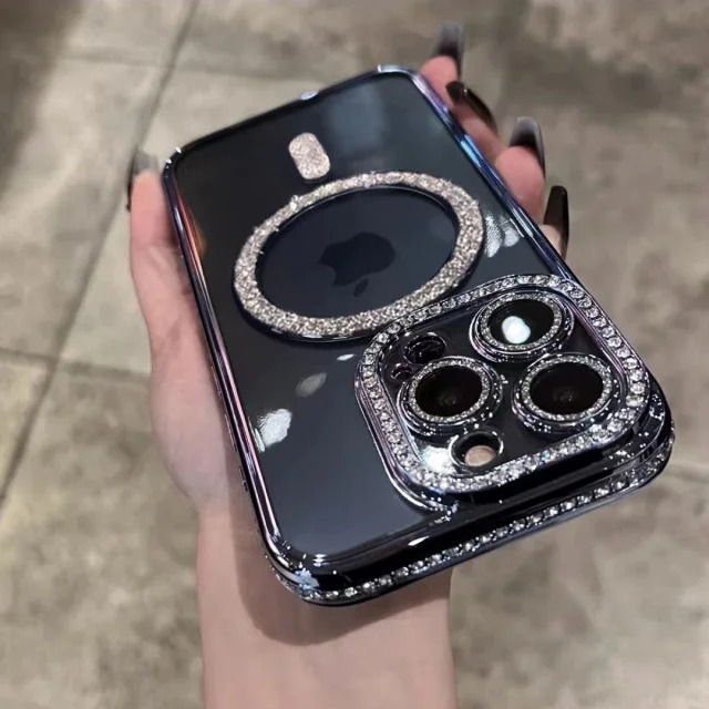 Luxury Plated MagSafe iPhone Case with Diamond Frame – Magnetic Protective Cover for iPhone 13/14/15/16 Pro Max, Plus & 17 Air