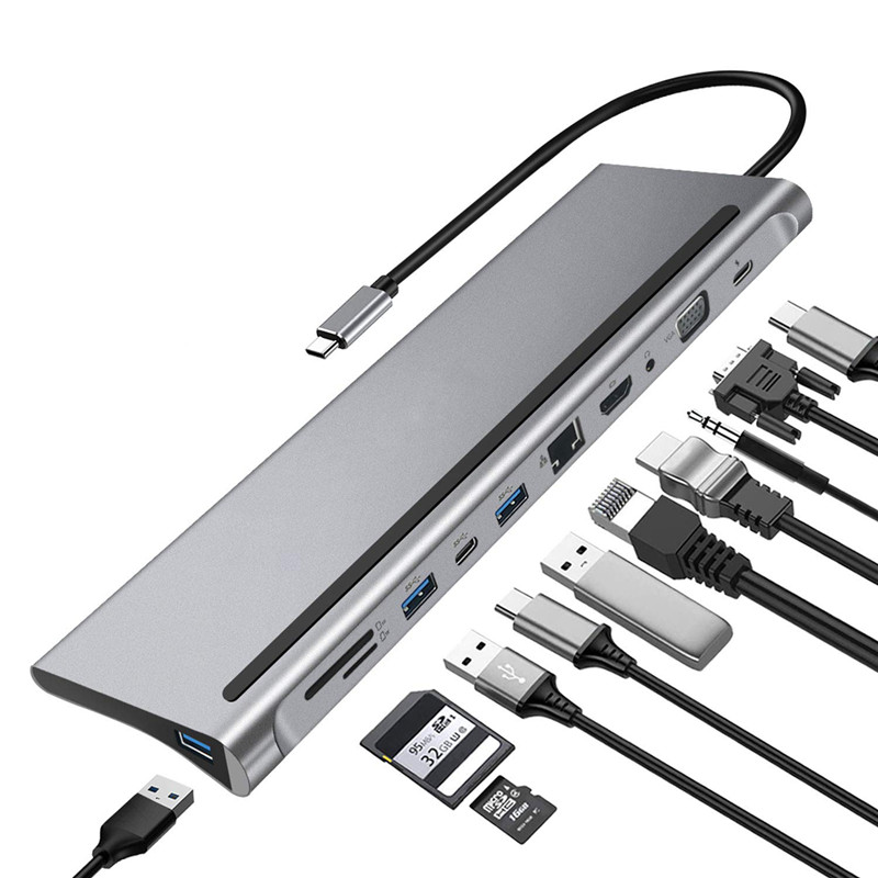 11 in 1 USB Type C HUB to 3.0 USB HDMI VGA RJ45 USB HUB For MacBook Pro HUAWEI HP USB Splitter Multi 11 Ports Type C HUB