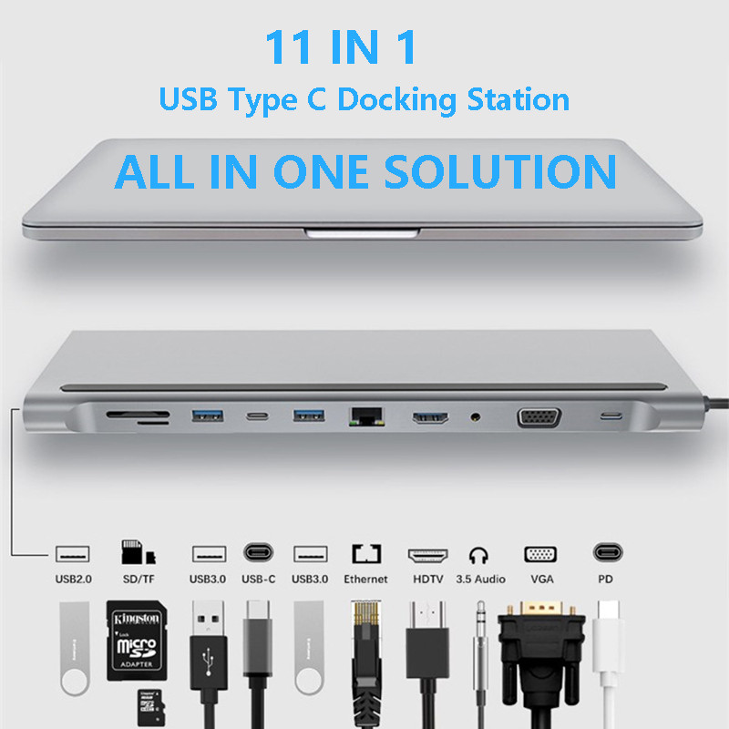 11 in 1 USB Type C HUB to 3.0 USB HDMI VGA RJ45 USB HUB For MacBook Pro HUAWEI HP USB Splitter Multi 11 Ports Type C HUB
