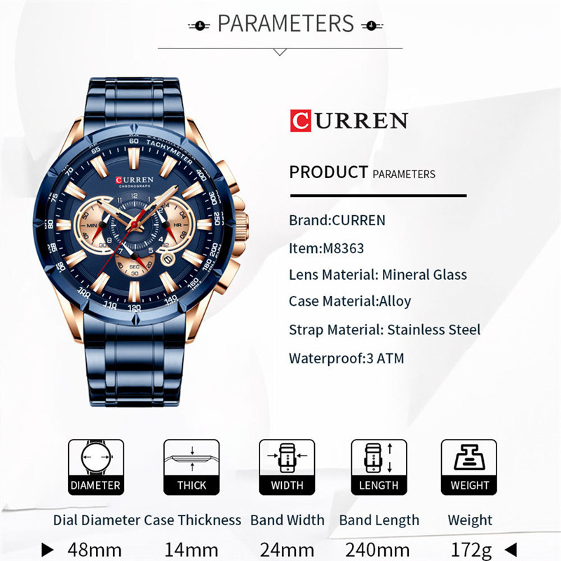 CURREN Wristwatch Men Waterproof Chronograph Quartz Watch Stainless Steel Male Clock Top Brand Luxury Man Sport Watches