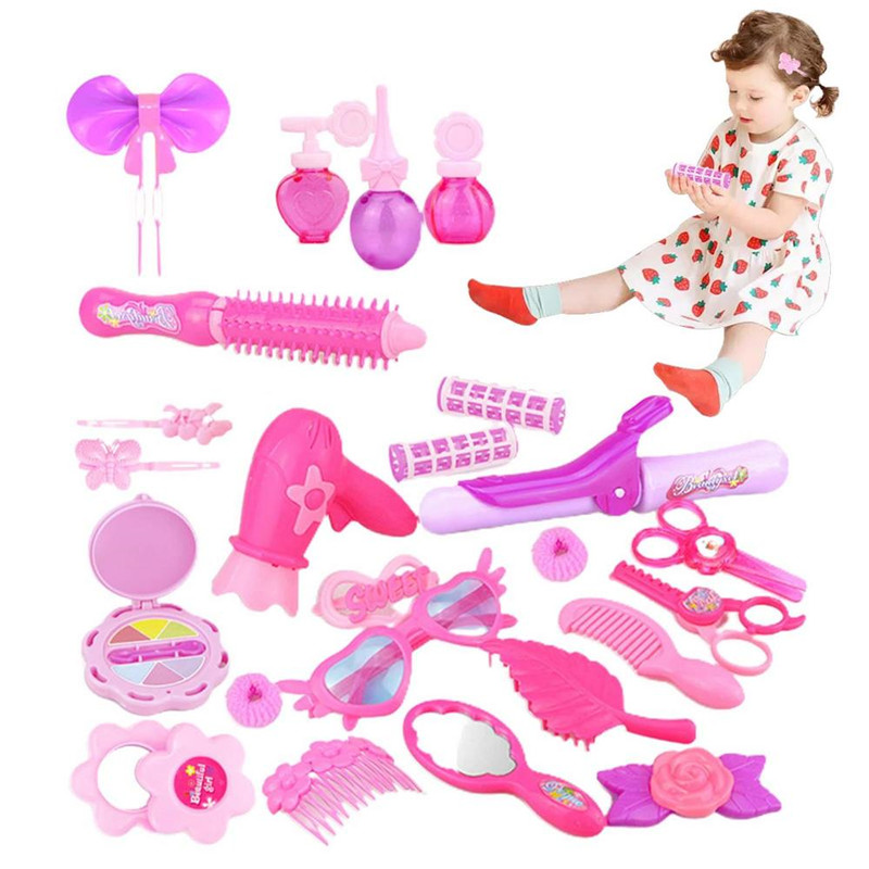 24pcs Pretend Play Kids Makeup Toy Beauty Handle Box Children Cosmetic Set Hairdressing Simulation Set Dressing Up Toys For Girl