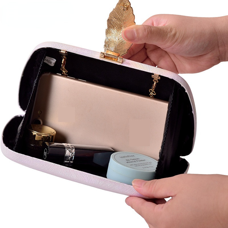 Women's Luxury Designer Handbag Wedding Clutch Bag PU Ladies Evening Bag Metal Leaf Lock Party Purse Women Shoulder Bag