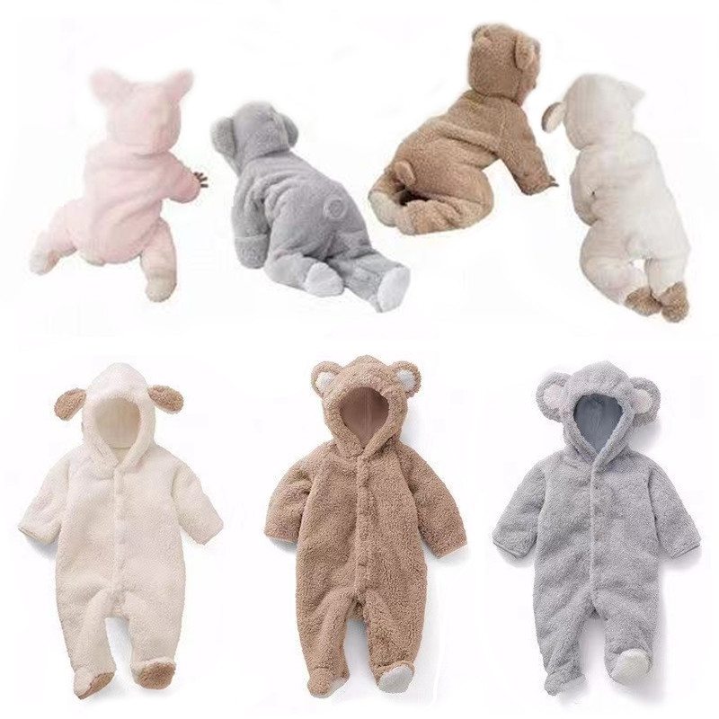 Cute Plush Baby Rompers Toddler Girl Overall Jumpsuit Spring Autumn Hooded Baby Boys Romper Infant Crawling Clothing