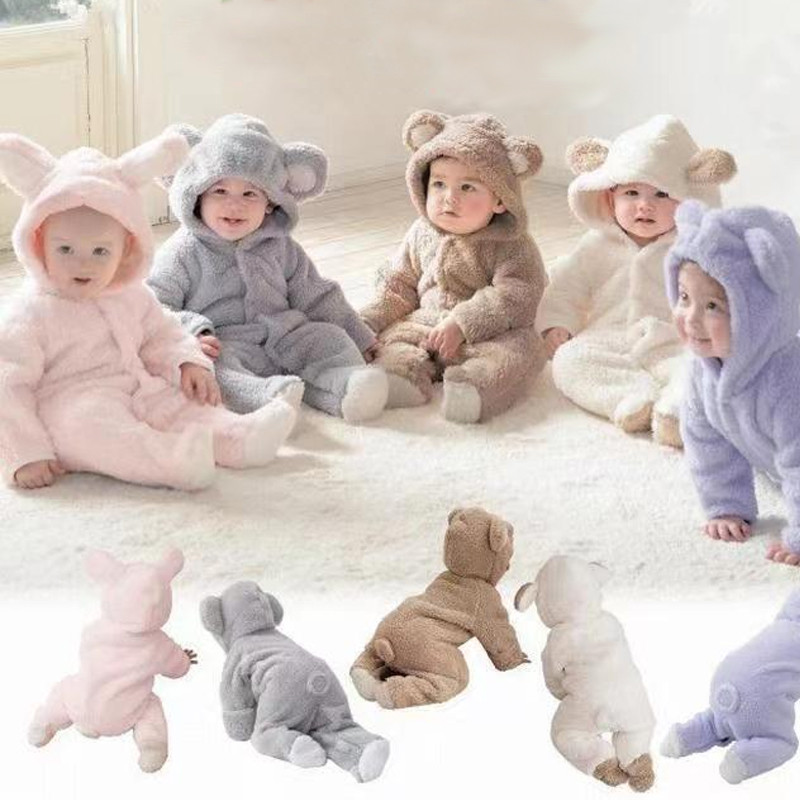 Cute Plush Baby Rompers Toddler Girl Overall Jumpsuit Spring Autumn Hooded Baby Boys Romper Infant Crawling Clothing