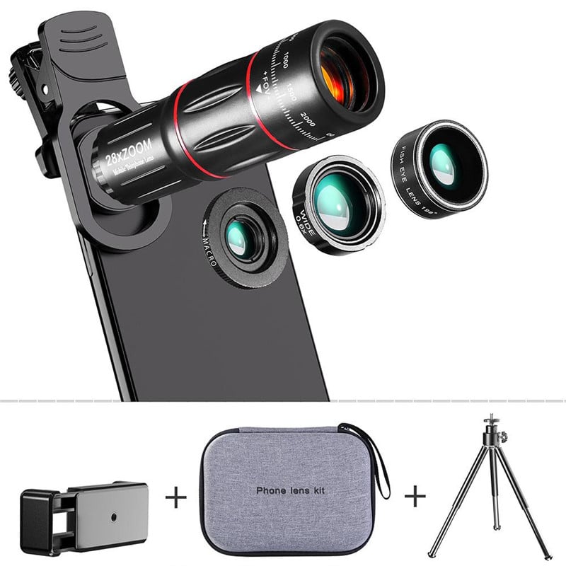 4 in 1 Phone Camera Len Telescope Zoom 28x Monocular Universal Phone Lens Kit Wide Angle Optical Zoom With Tripod for Smartphone