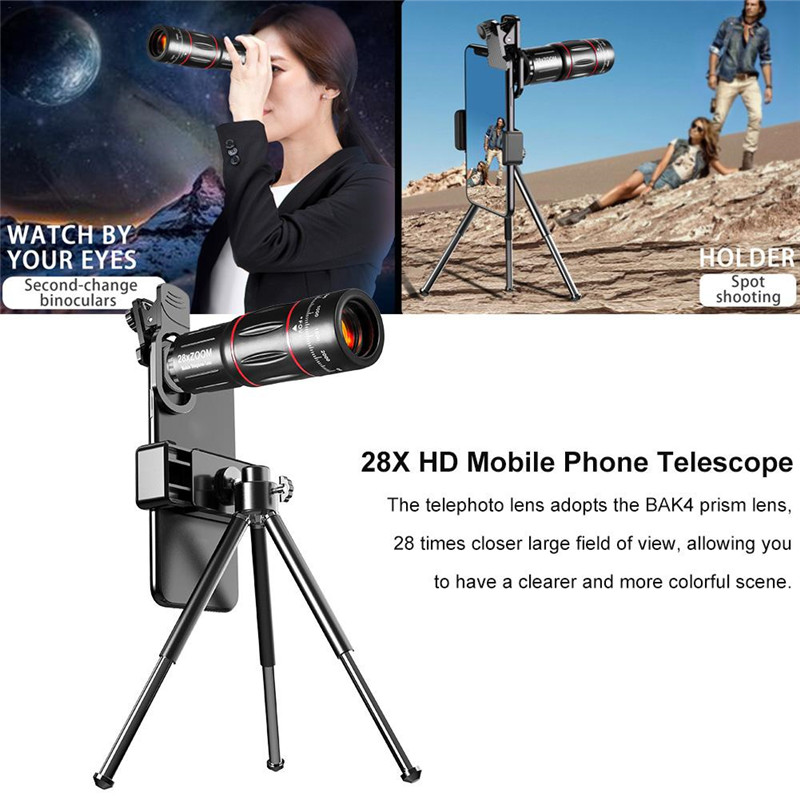 4 in 1 Phone Camera Len Telescope Zoom 28x Monocular Universal Phone Lens Kit Wide Angle Optical Zoom With Tripod for Smartphone