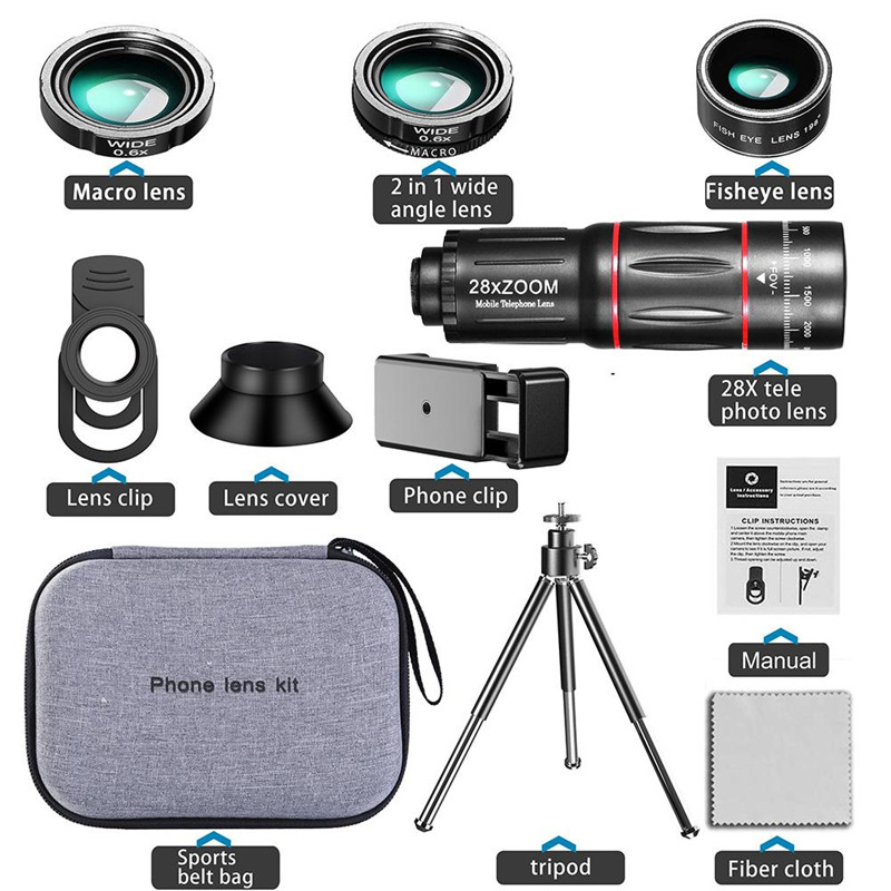 4 in 1 Phone Camera Len Telescope Zoom 28x Monocular Universal Phone Lens Kit Wide Angle Optical Zoom With Tripod for Smartphone