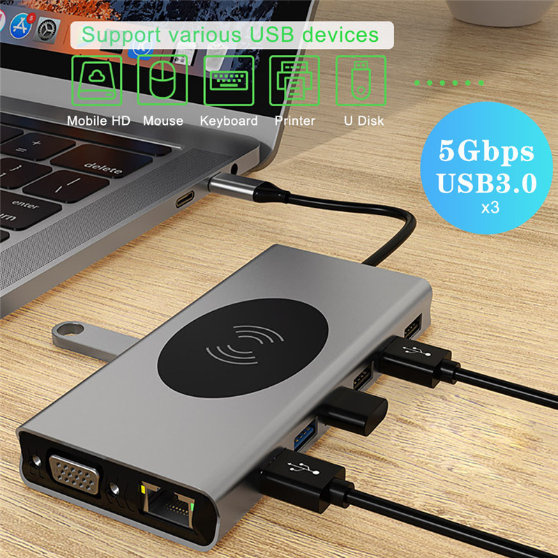 15 in 1 Type C HUB Dock Docking Station USB HUB HDMI VGA RJ45 PD Splitter 10W Wireless Charging USB Adapter Laptop Accessories