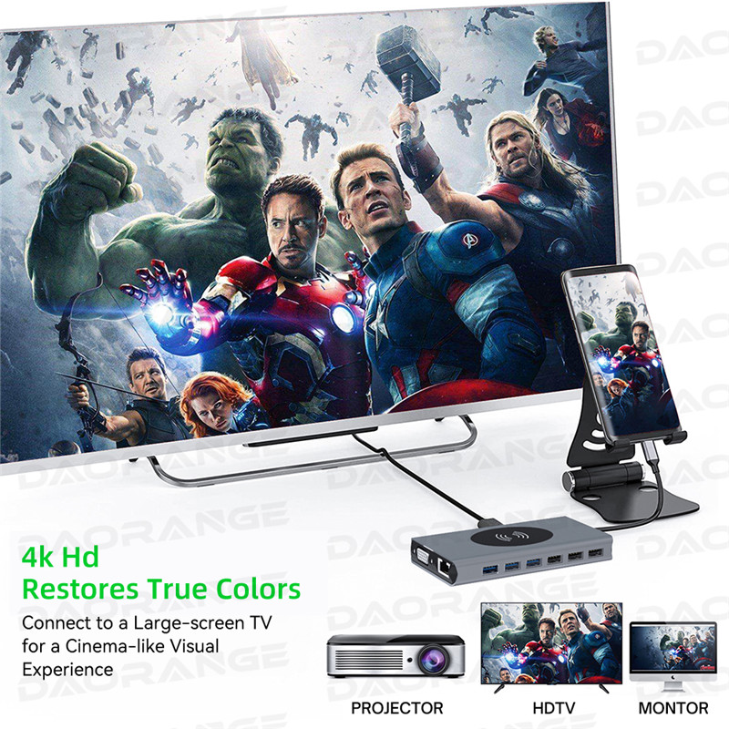 15 in 1 Type C HUB Dock Docking Station USB HUB HDMI VGA RJ45 PD Splitter 10W Wireless Charging USB Adapter Laptop Accessories