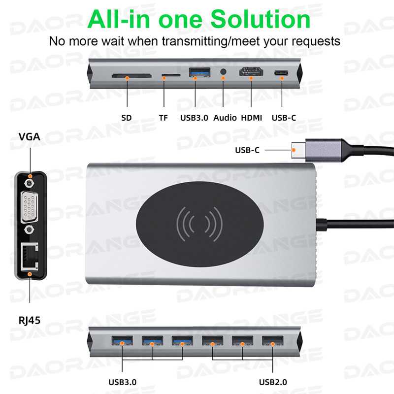 15 in 1 Type C HUB Dock Docking Station USB HUB HDMI VGA RJ45 PD Splitter 10W Wireless Charging USB Adapter Laptop Accessories