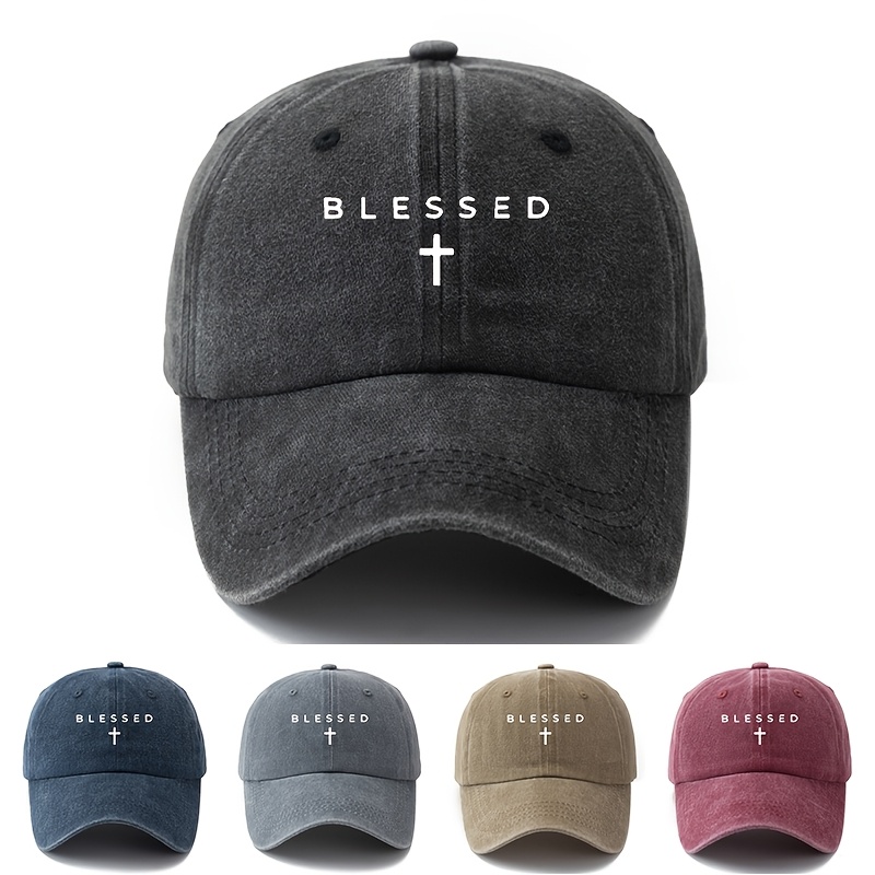 1 Unisex Fashionable Printed BLESSED Cross Baseball Cap | Classic Vintage Washed Lightweight Curved Brim, Ideal for Outdoor Travel, Camping, Casual Wear, and Daily Commute, Brand: MAKEFGE