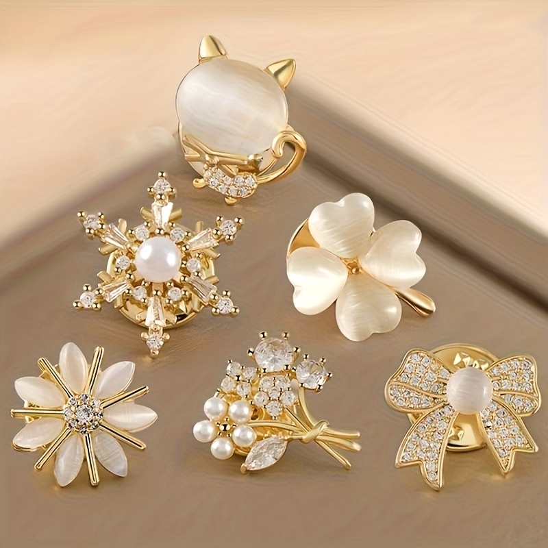 6pcs Women'S Non-Slip Brooches - Floral Bow Design with Rhinestones, Golden Tone with Multicolor, for Weddings, Parties, And Daily Wear - Elegant Clothing Additions