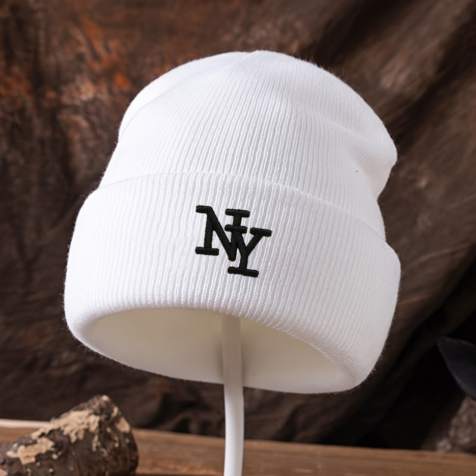 1pc NY Letter Embroidered Knit Beanie Hat - Stretchy Acrylic Brimless with NY Embroidery, Suitable for Men & Women, Warm Winter Hat for Christmas, Outdoor, Casual Wear, Hand Washable, Breathable Unise