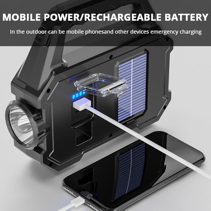 Multi-functional Waterproof Solar Powered Outdoor Searchlight Flashlight LED Handheld Power Bank High Brightness Emergency Light