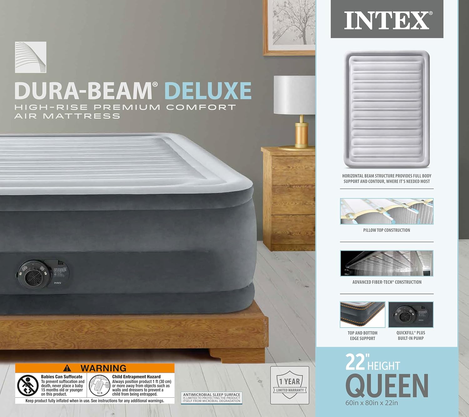 Intex Dura-Beam Ultra Plush Queen Air Mattress with Built-In Pump