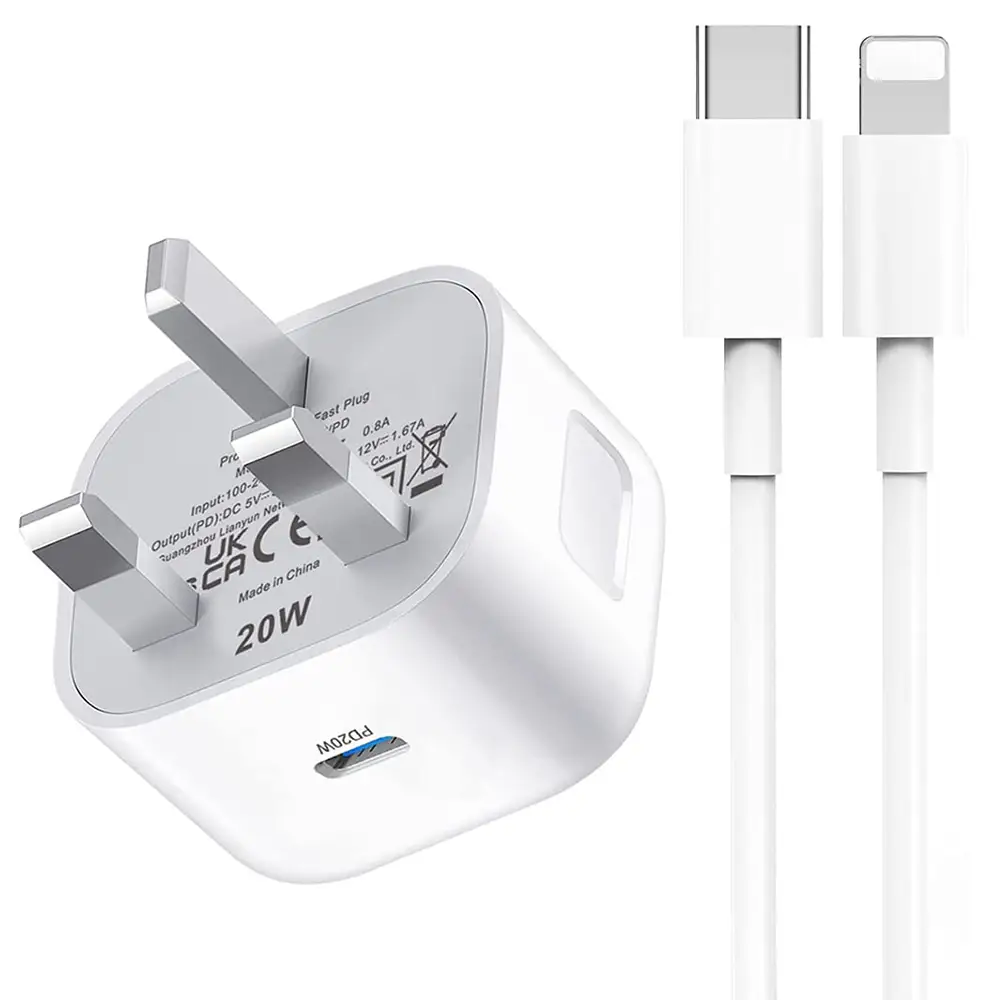 20W USB-C Fast iPhone Charger with Type-C to Lightning Cable – UK Plug