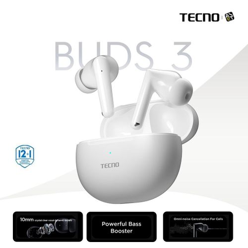 TECNO Bud 3 - Omni Noise Cancellation Enhanced True Wireless Stereo Earbuds - Bluetooth 5.3 - White + 13 Months Warranty