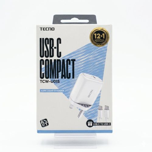 TECNO USB-C Compact Charger (TCW-U01S) â€“ 20W PD Fast Charging â€“ Type-C Output â€“ Smart IC Protection â€“ Travel Friendly â€“ UK 3-Pin Plug â€“ Wh