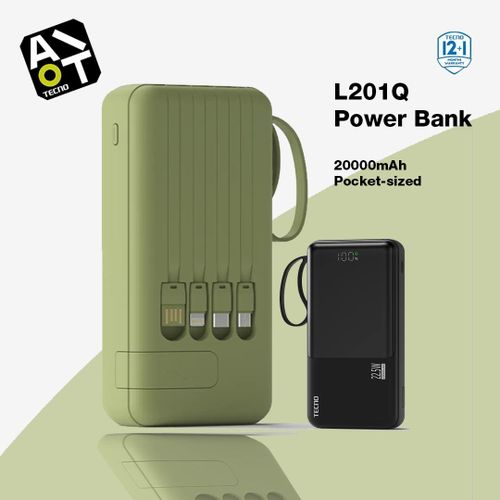 TECNO Power Bank 20000mAh (L201Q-Black) - Green-LED Display- 4 Build in cables & 4 Ports