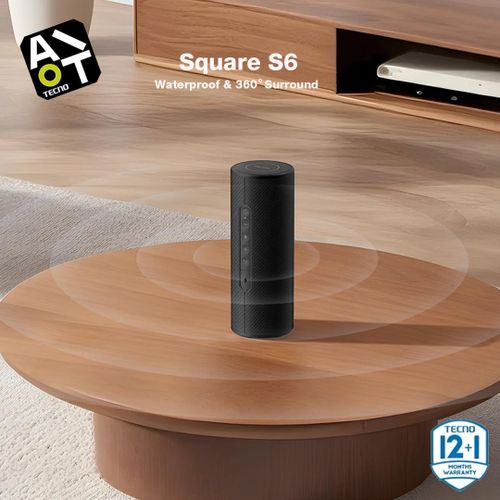 TECNO Wireless 360 Surround Waterproof Deep Bass Bluetooth Speaker - Square S6 - 5200mAh - Black