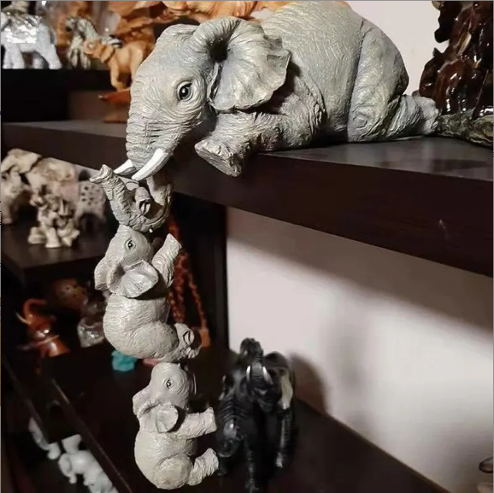 3PCS/set Elephant Sitter Hand-Painted Figurines,Full Size Mother and Two Babies Hanging Off The Edge of a Shelf Or Table,Resin
