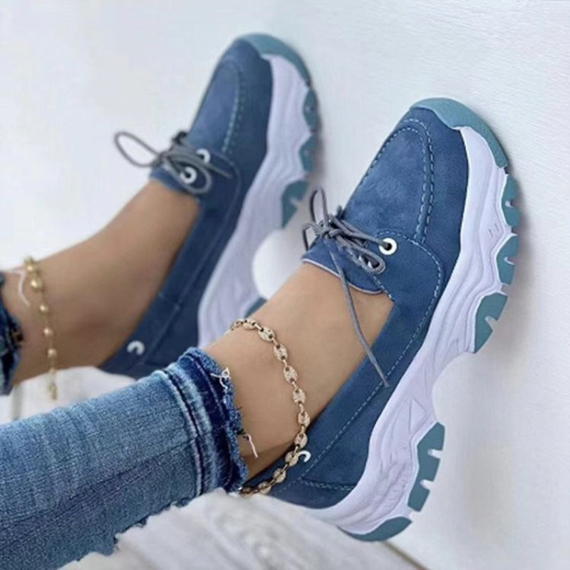 Cross border foreign trade large casual single shoe women's 2023 thick sole front tie up middle heel flat bottom round toe polyu