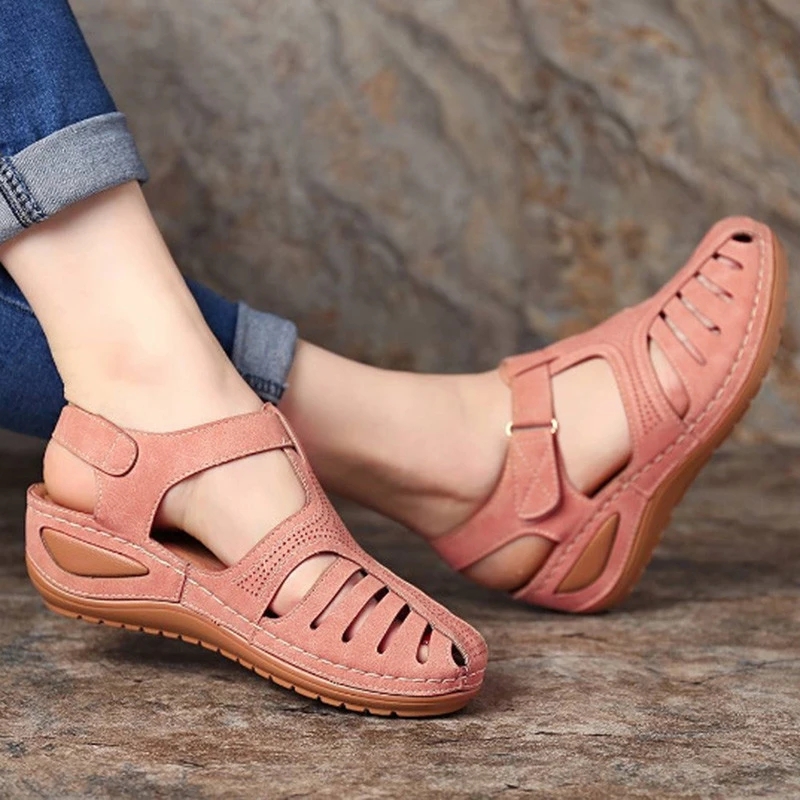 Women's Wedge Heeled Sandals Breathable Closed Toe Ankle Strap Shoes Solid Color Hook & Loop Shoes