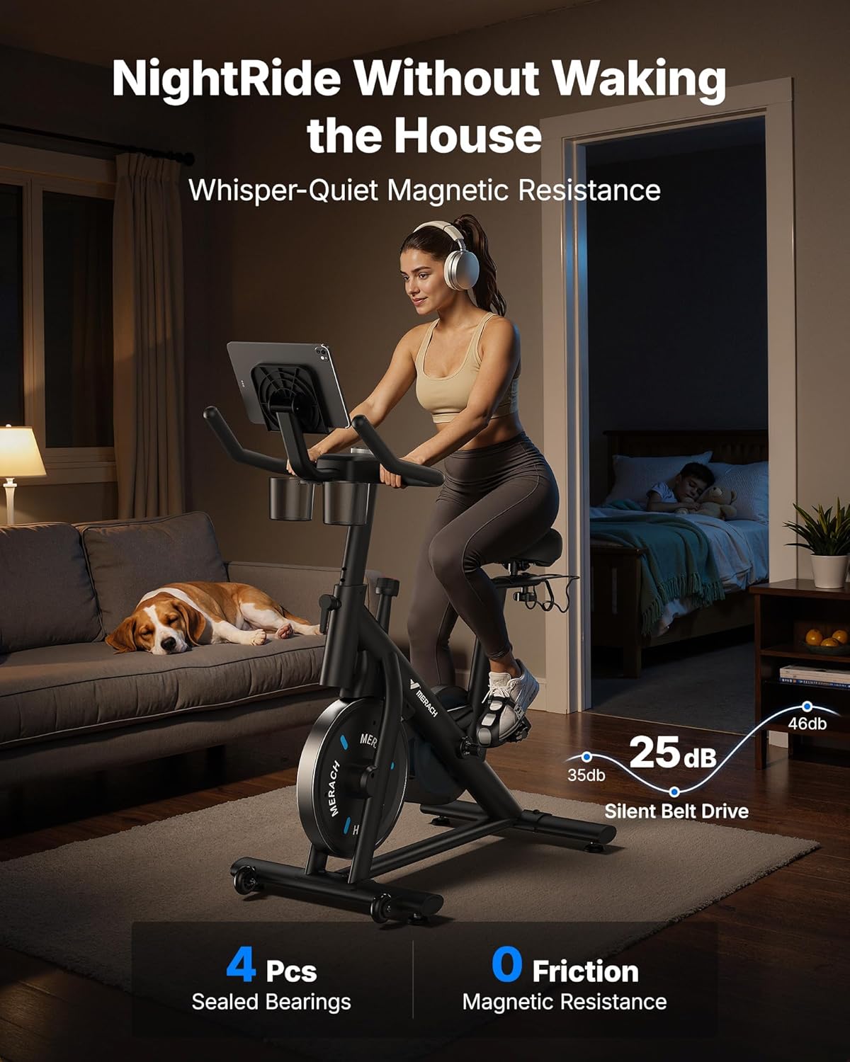 MERACH Exercise Bike, Brake Pad Stationary Bike with Exclusive App, Low Noise Indoor Cycling Bike with 300lbs Weight Capacity, Tablet Mount and Fitnes