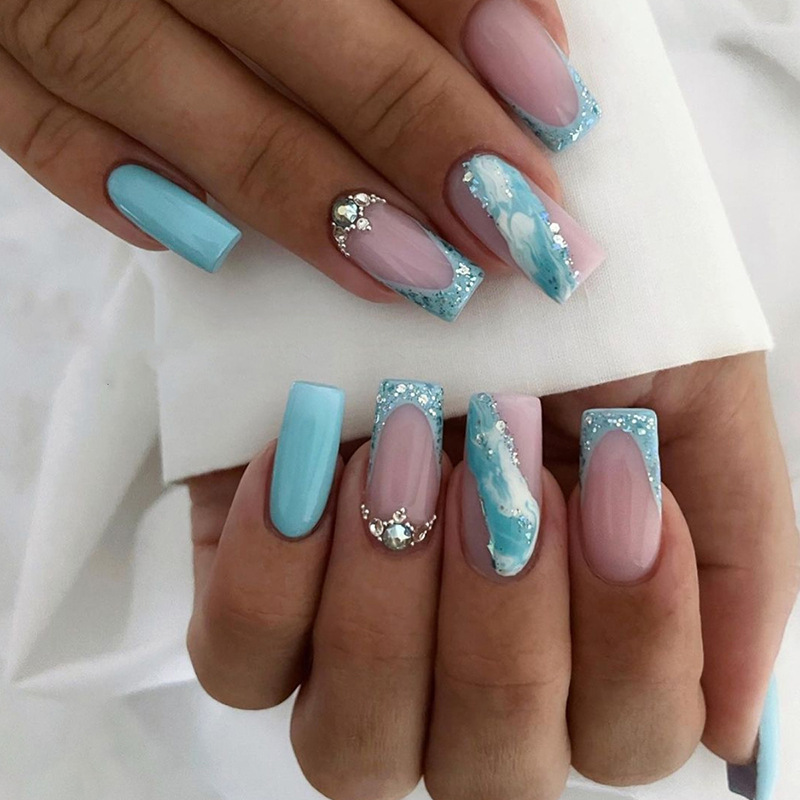 24pcs/Set Long Fake Nails European Marbled Pink Purple Gradient Beauty Artificial False Nails With Double-sided Adhesive Tape