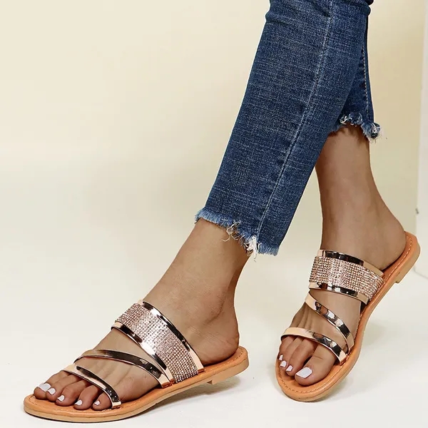 Women's Rhinestone Flat Slippers Solid Fashion Open Toe Anti-skid Slides Shoes Casual Outdoor Slippers