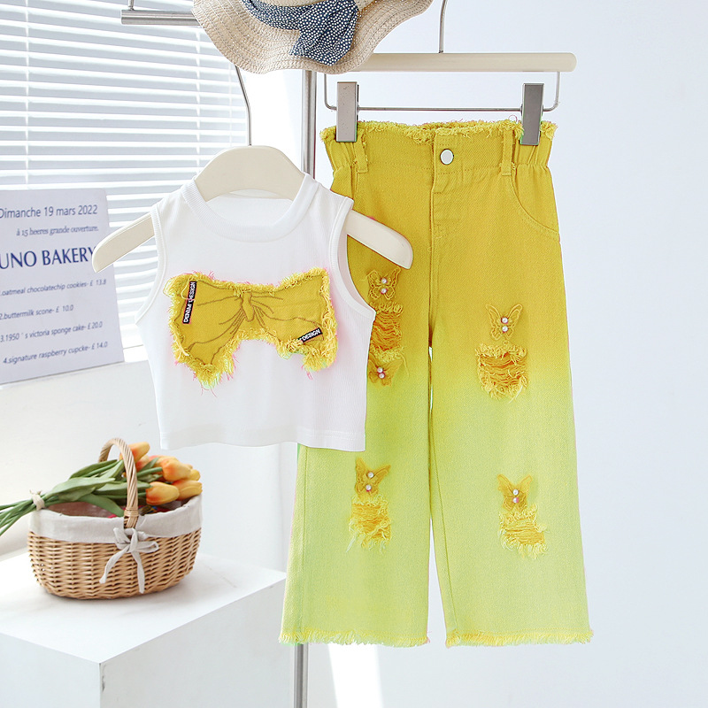 Girls' summer suit children's sleeveless ripped jeans two-piece set of medium and big boys girls' summer clothes