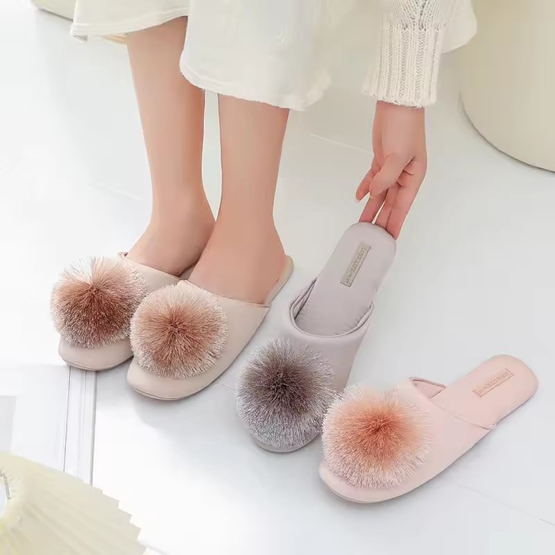1 Pair Fashion Women Satin Slippers With Plush Ball Thin Cool Indoor Floor Flat Home Shoes Bedroom Slippers