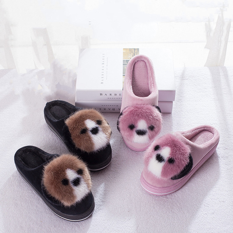 New cartoon dog slippers warm thick-soled couple cotton slippers comfortable home shoes women hair drag