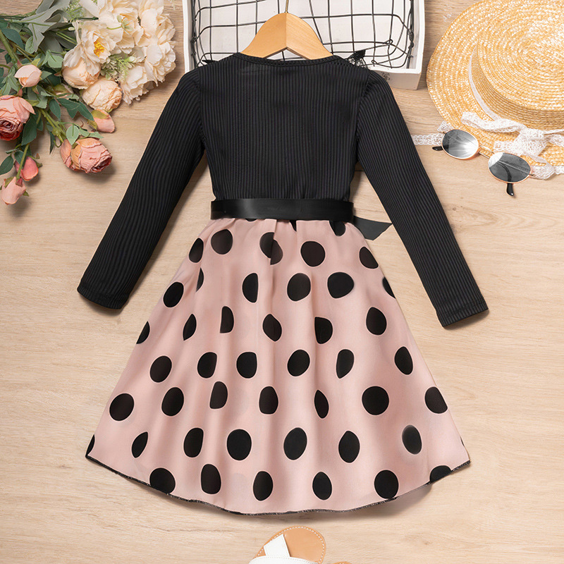 New Children'S Clothing Children'S Lace Lapel Splicing Polka Dot Long-Sleeved Princess Dress Autumn Girls' Dress