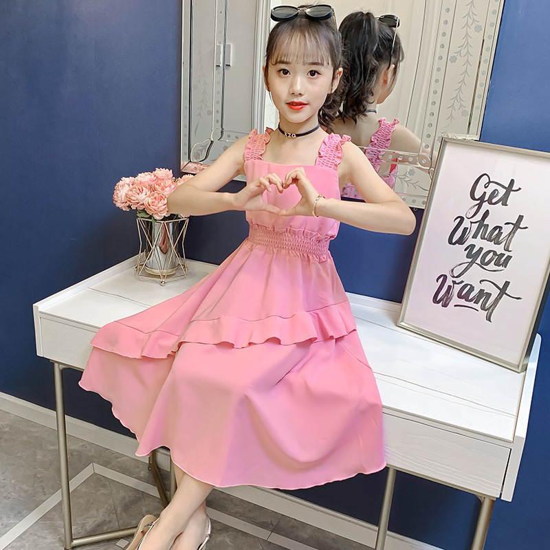 Girls' chiffon dress summer dress new style children's Slip dress princess skirt medium large children's solid long skirt