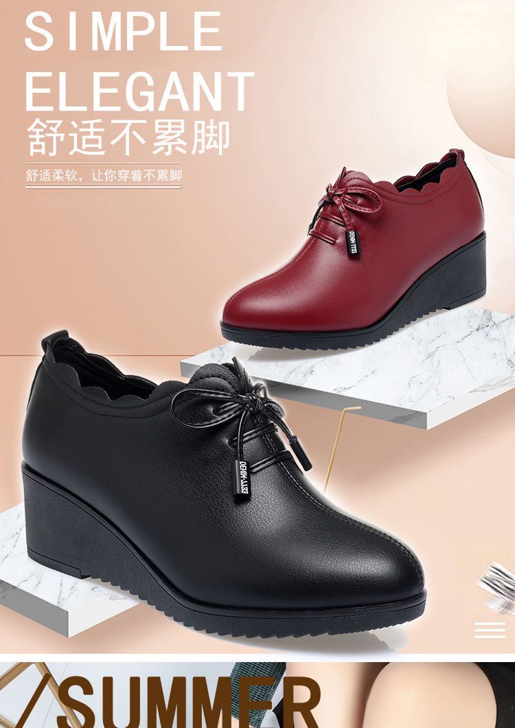 Spring Autumn New Women's Single Shoes Wedges Soft Sole Comfortable Large Size Mother's Leather High Heels Shoes Size
