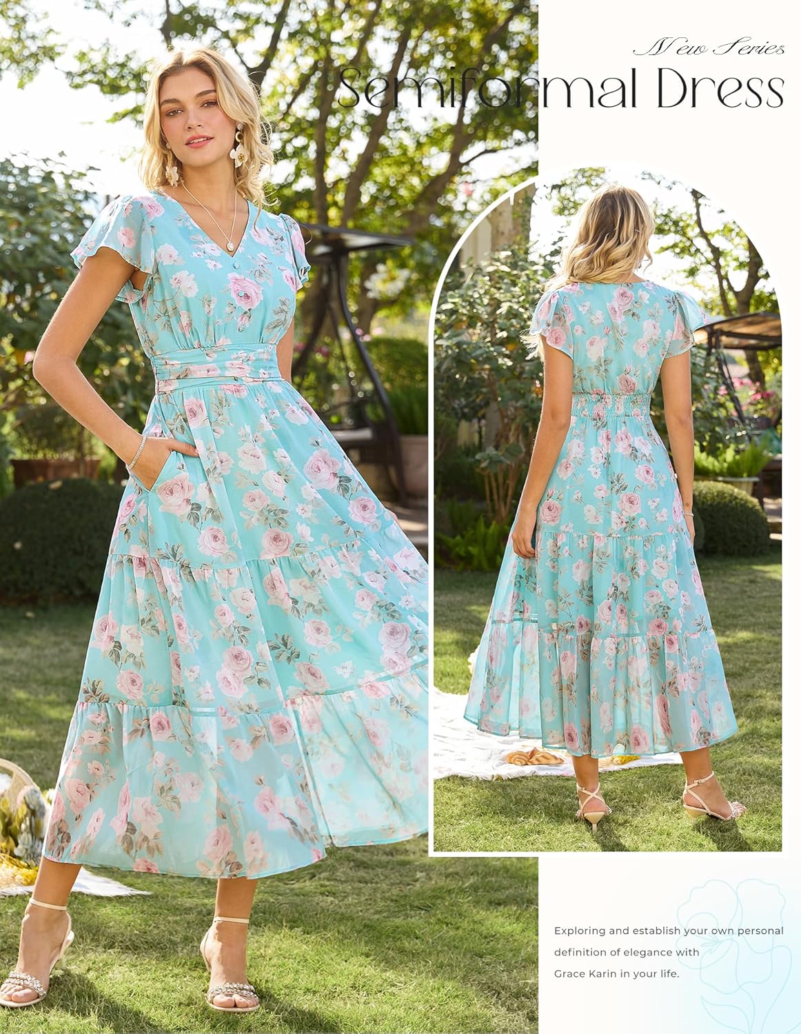 GRACE KARIN 2026 Women Summer Dress,Maxi Short Sleeve Floral Dresses,Semi Formal Flowy Wedding Guest Dress with Pocket