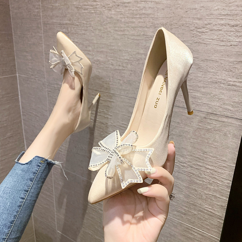 High heeled women's shoes, thin heeled temperament, bow knot, rhinestone pointed single shoe