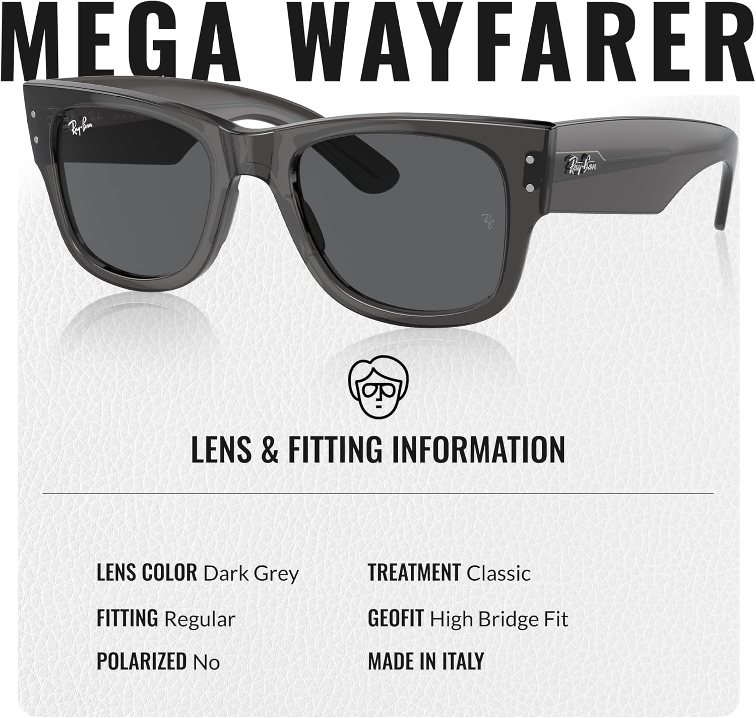 Ray-Ban RB0840S MEGA WAYFARER Square Shaped Sunglasses for Men & Women with Official RAYBAN Eyewear Kit